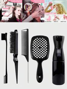 5pcs/Set Professional Hair Styling Tool Kit Includes 200ml Fine Mist Spray Bottle, Teasing Brush, Steel Tail Comb, Double-Ended Eyebrow Brush, Hollow Comb, Suitable For Salon, Stylist, Daily Use And DIY Hair Styling - Multicolor - View 3
