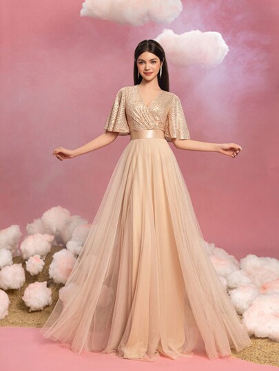 Teen Girl Elegant Sequin Formal Dress With Flutter Sleeves & Voluminous Tulle A-Line Hem – Perfect For Graduation Proms