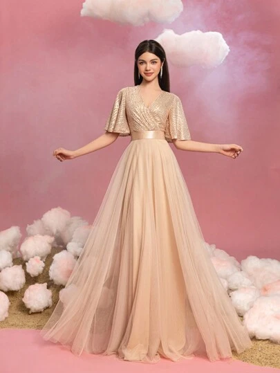 Teen Girl Elegant Sequin Formal Dress With Flutter Sleeves & Voluminous Tulle A-Line Hem – Perfect For Graduation Proms