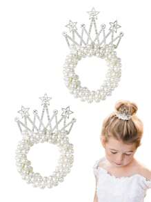 2 piezas Lazos para el cabello de niña, Scrunchies con cuentas de perlas y corona, Bandas elásticas para el cabello, Sujetadores de coleta, Accesorios para el cabello para princesa con diademas brillantes con cristales - Blanco - Ver 14