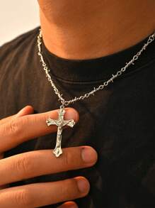 1pc White Gold Plated Cross Pendant Necklace, Suitable For Men And Women Daily Wear, Christian Cross - Type a - View 1