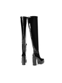 Women's Super High Heel Thick Sole Thick Heel Boots, Elegant Square Toe Sock Boots With Side Zipper For Autumn & Winter Party Daily Wearing - PU ĐEN - Xem 5
