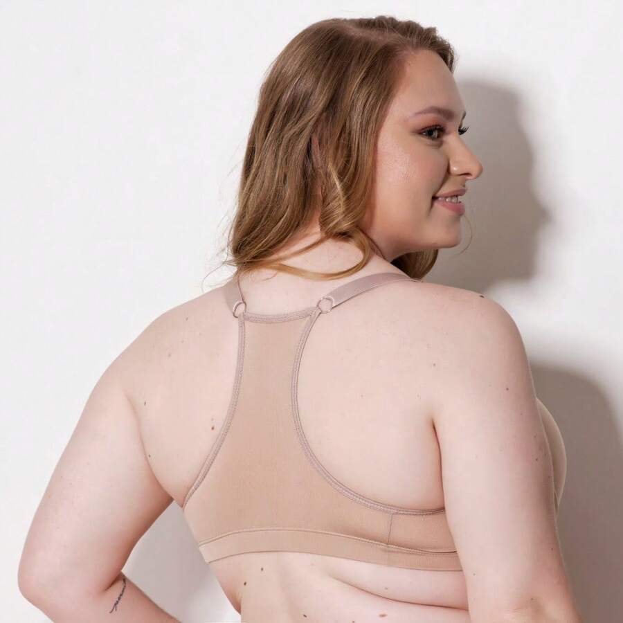 Plus Size Racerback Bra With Reinforced Support Bra With Front Closure With Triple Hooks - Màu be - Xem 1