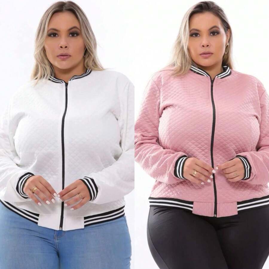 Kit 2 Plus Size Women's Bomber Jacket With Zipper G1 G2 G3 - 粉紅色和白色 - 查看 1