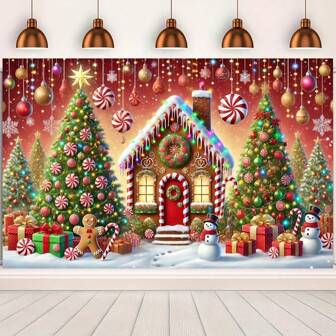 聚酯纤维圣诞姜饼屋横幅 - 带有雪人、姜饼人和糖果图案的节日墙壁装饰 - 适合季节性庆祝活动、无需电力的节日室内装饰、圣诞节的多功能照片背景