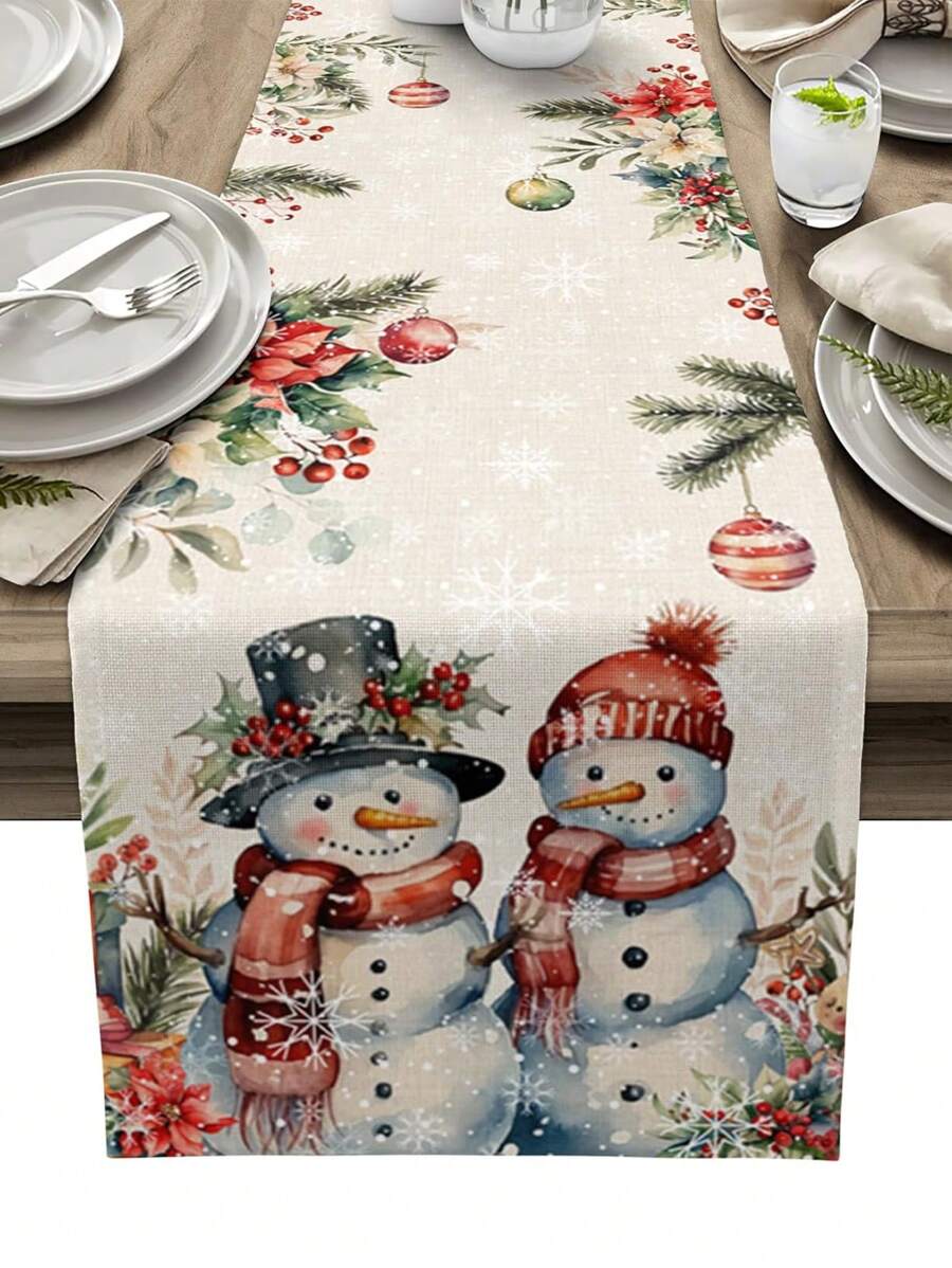 Người tuyết Giáng sinh Lá khuynh diệp Khăn trải bàn bằng vải lanh Trang trí tiệc Giáng sinh Mùa đông Quả mọng Giáng sinh Quả thông Quả trạng nguyên Khăn trải bàn ăn nhà bếp Đồ trang trí Giáng sinh - Nhiều màu - Xem 1