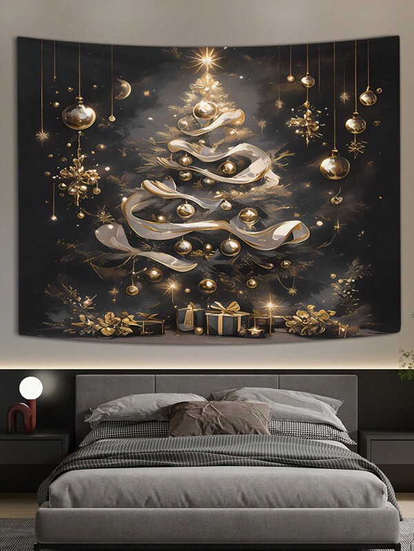 1 buc. Model de pom de Crăciun negru și auriu, Decor tapiserie suspendată din poliester cu tematică de Crăciun, potrivit pentru decorarea scenei de sărbătorire a petrecerii de Crăciun, utilizare în iarnă, Halloween, decorațiuni de Halloween