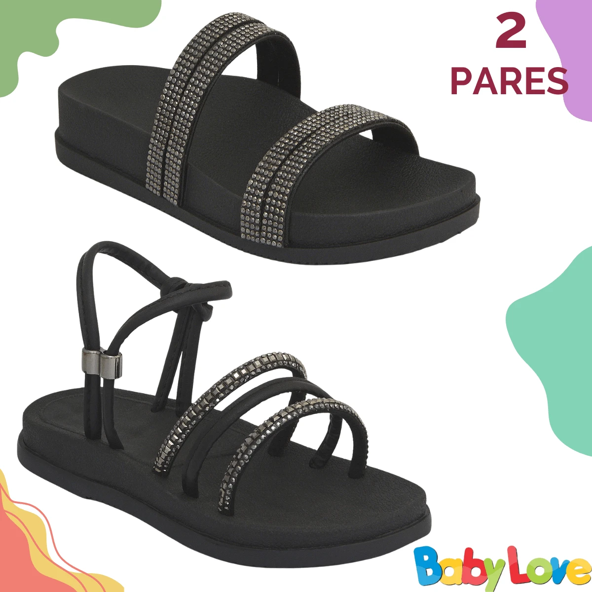 Kit 2 Pairs Of Children's  Flatform Sandals For Girls - 黑色 - 查看 1