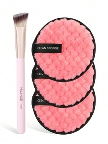 MAANGE 4pcs Professional Makeup Tool Set With 1pc Triangular Tube Flat Head Multi-Purpose Brush + 3pcs Large Makeup Removal Puffs,With Foundation Brush Blush Brush Loose Powder Brush Contour Brush Highlighter Brush Makeup Tools Gift For Women & Girl Travel Makeup Brush ﻿ - 粉色 - 查看 1