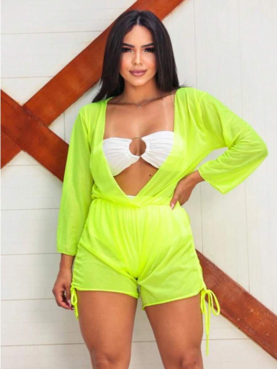 Adjustable Tulle Jumpsuit Beachwear Summer - 霓虹綠 - 查看 1