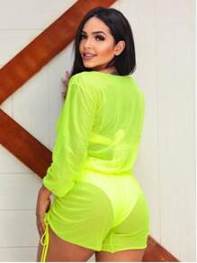 Adjustable Tulle Jumpsuit Beachwear Summer - 霓虹綠 - 查看 2