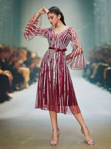Mgiacyv Vestido de noite de alta qualidade com decote em V profundo e manga comprida, malha fina, vestido de festa para convidados de casamento, vestido formal