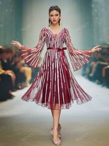 Mgiacyv Vestido de noite de alta qualidade com decote em V profundo e manga comprida, malha fina, vestido de festa para convidados de casamento, vestido formal