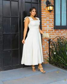 Women's Midi Dress With Bow On The Straps In Viscose, Bodice And Lining, Elegant Party, Luxury, Social - trắng - Xem 2