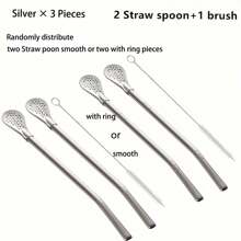 3件或9件/套不锈钢吸管、勺子、可拆卸清洁刷、果汁/奶茶过滤器、饮水配件、厨房用具、厨房、圣诞礼物、学校用品 - 彩色 - 查看 5