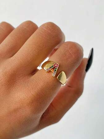 1 Pc Fashion Colorful Zirconia A-Z Letter Ring For Women Gold Color Stainless Steel Geometric Open Initial Ring Wedding Engagement Jewelry Party Gift