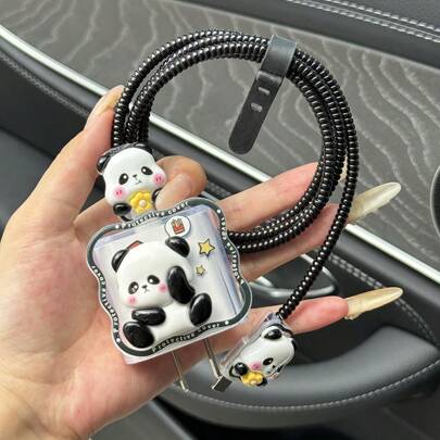 Set de 5 piezas: Funda de teléfono suave con diseño de panda 3D + Cargador rápido de 18W + Cable de 1.5M compatible con iPhone 14/15/16 + Protector de cable + Protector de cargador