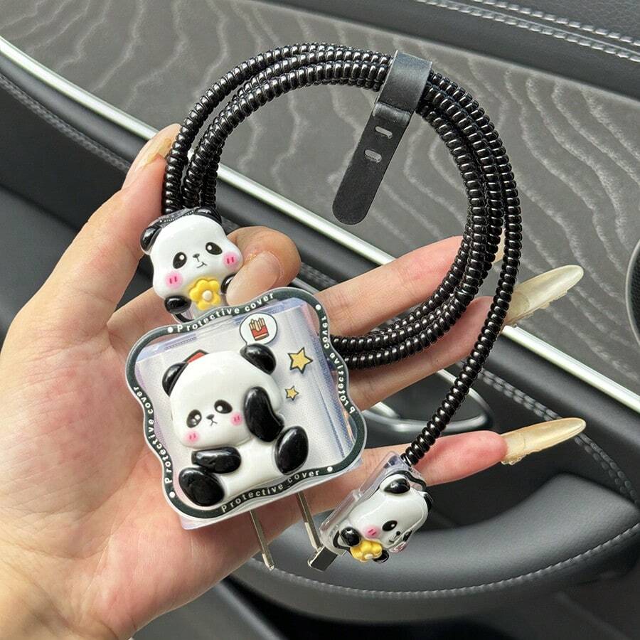 5pcs Set: 3D Panda Cartoon Soft Phone Case + 18W Fast Charger + 1.5M Cable Compatible With Iphone 14/15/16 Cable Protector, Charger Protector - Black - View 1
