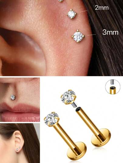 2 chiếc khuyên tai Labret bằng thép không gỉ có ren bên trong, trang sức xỏ khuyên tai CZ sụn xoắn Tragus cho phụ nữ