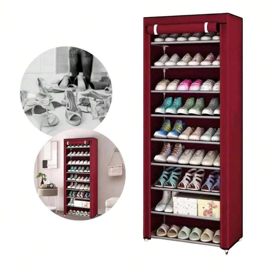 9 Tier Shoe Rack, Foldable Closet For Shoes And Clothes, Adjustable Organizer Shelf, 9 Tier Fabric Shoe Rack, 9 Tier Large Capacity Shoe Rack With Cover - Burgundy - View 1
