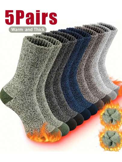 5 Pairs Men's Warm Thermal Lined Thermal Socks, Thick Cushioned Mid-Calf Hiking Socks, Fit US Size 4.5-9 / UK Size 3.5-8 / EU Size 36-43, Winter