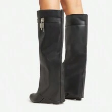 Ego I-Am-The-One Padlock Detail Wedge Heel Knee High Long Boot In Black Faux Leather Black - Black - View 2