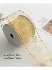 1pc Christmas Decor Sheer Organza Ribbon With Metallic Printed Snowflake Pattern, Powder Edge, Silver Wired Bow,Christmas Valentine Day