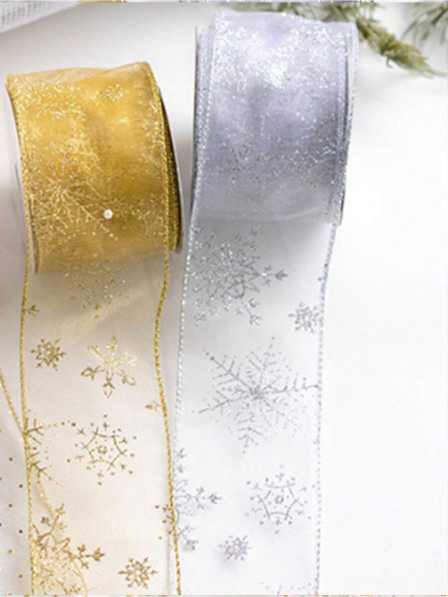 1pc Christmas Decor Sheer Organza Ribbon With Metallic Printed Snowflake Pattern, Powder Edge, Silver Wired Bow,Christmas Valentine Day