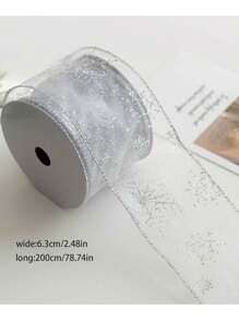 1pc Christmas Decor Sheer Organza Ribbon With Metallic Printed Snowflake Pattern, Powder Edge, Silver Wired Bow,Christmas Valentine Day