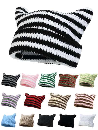 1pc Handcrafted Striped Knit Hat With Cat Ear Design For Women, Korean Y2k Style Streetwear Beanie Cute Winter Fall