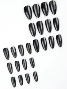 Sanrio 24入組中長款黑銀黑曜石＆貓眼＆冰種玻璃珠，具有濕潤光澤＆銀河紋理＆太空灰色，甜美風格＆極簡風格＆高端＆杏仁形假指甲，附1入組果凍膠＆1片美甲文件裝壓克力指甲假指甲及美甲用品 - 黑色 - 查看 4