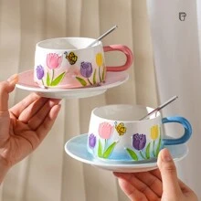 6 件套陶瓷手绘蝴蝶咖啡杯碟套装带勺，优雅奢华，适合家庭、派对、办公室、下午茶和咖啡饮用、返校 - 彩色 - 查看 4