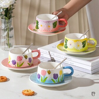 6pcs/Set Ceramic Handpainted Butterfly Coffee Cup And Saucer Set With Spoon, Elegant Luxury Suitable For Home, Party, Office, Afternoon Tea And Coffee Drinking, Back To School