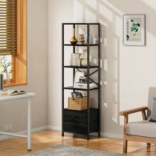Satifur Storage Rack With Drawers, Wooden High Display Vertical Bookshelf, Vertical Kitchen Storage Rack, Bedroom, Living Room, Office, Bathroom - màu đen - Xem 3