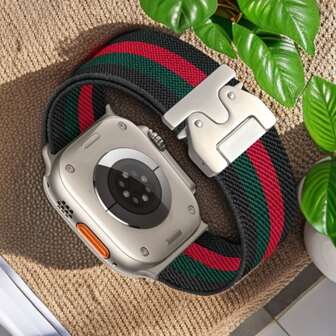 1 pieza Bucle de nailon para correa de Apple Watch Series 11 10 de 42 mm y 46 mm, correa de reloj de nailon magnética y suave para Apple Watch Ultra 2 de 49 mm, 46 mm, 44 mm, 45 mm, 42 mm, 38 mm, 40 mm y 41 mm para mujer y hombre, pulsera elástica de repuesto para correas de Apple Watch Ultra Series 11 10 9 8 7 6 5 4 3 2 1, con conectores de metal plateado y hebilla estilo paracaídas