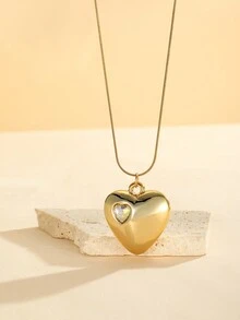1 件奢华不锈钢链配锆石大心形吊坠项链，送给女朋友的礼物 - 金色 - 查看 5
