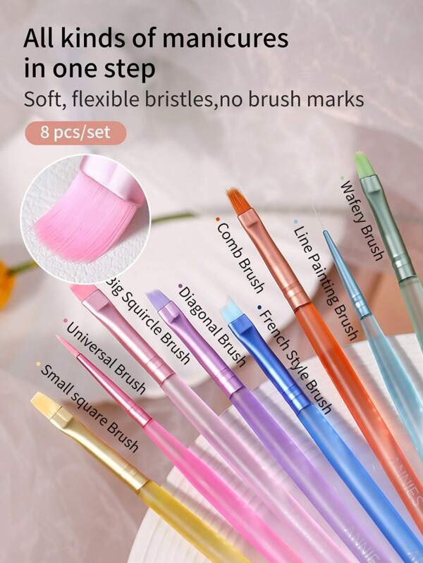 annies 8 pièces/set Brosses d'art pour les ongles à la dopamine, brosses de détail de vernis gel pour la peinture des ongles, le dégradé, le tamponnage, la construction