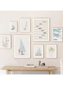 1 件简约海滩海洋花卉墙壁艺术帆船帆布画游泳池海报和印刷品图片适用于客厅装饰无框架 - 彩色 - 查看 4