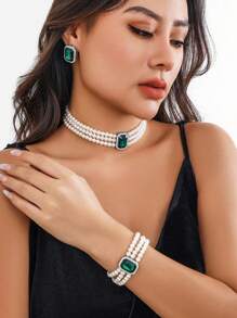 4 件套奢华时尚水晶镶嵌多层仿珍珠项链和手链、宝石耳环、优雅女士新娘首饰套装 - 彩色 - 查看 13