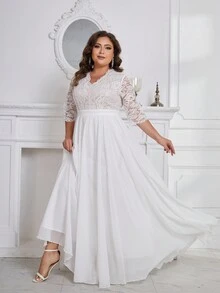 Vestido de boda extra largo de talle alto para mujer de talla grande, con mangas medianas de encaje y gasa - Blanco - Ver 4