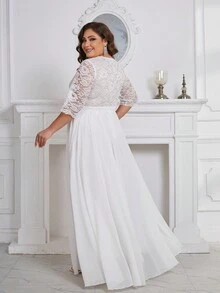 Vestido de boda extra largo de talle alto para mujer de talla grande, con mangas medianas de encaje y gasa - Blanco - Ver 2