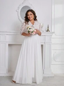 Vestido de boda extra largo de talle alto para mujer de talla grande, con mangas medianas de encaje y gasa - Blanco - Ver 5