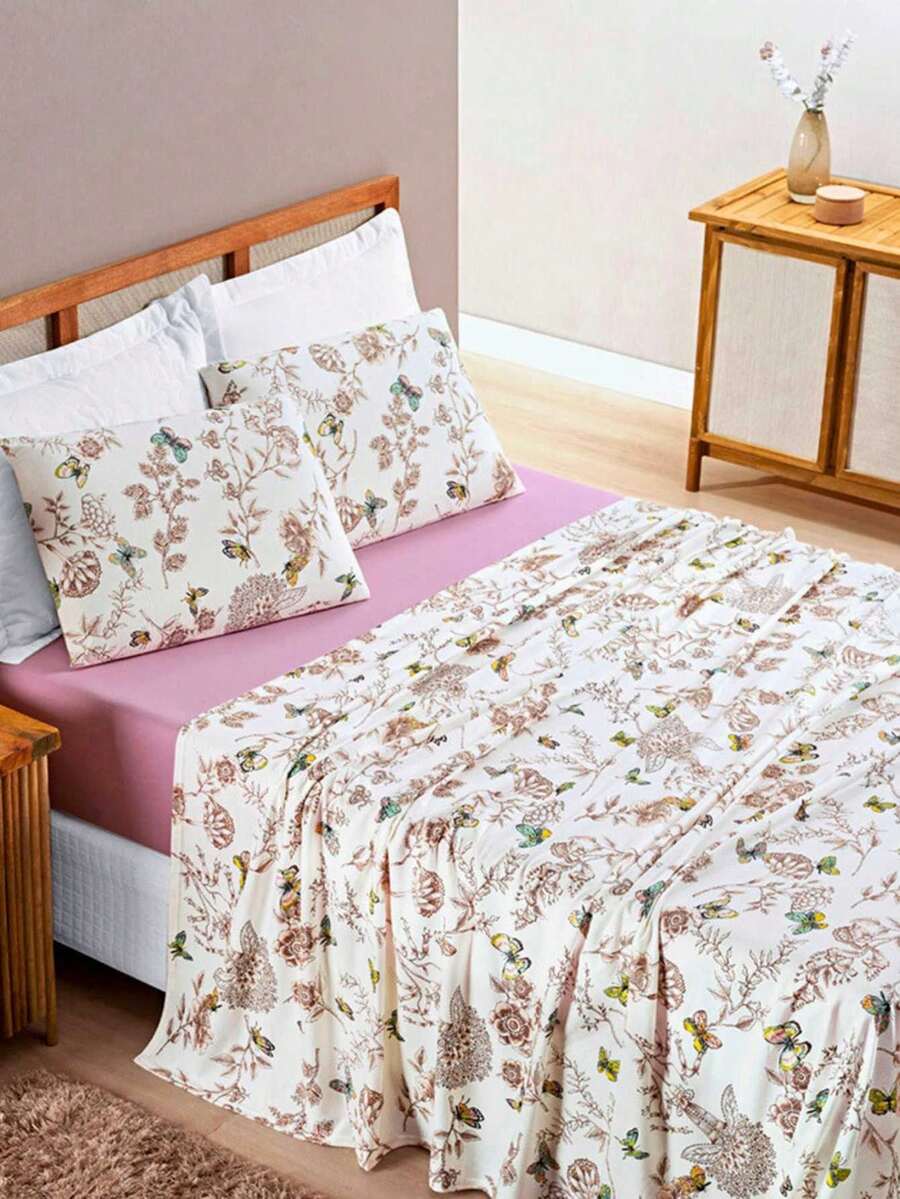 4 Piece King\Queen\Double\Single Sheet Set - 100% Cotton Floral And Geometric Print Quality - 蝴蝶 - 查看 1