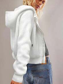 Zip Up Knit Drawstring Hooded Cardigan, Elegant Long Sleeve Outwear For Spring & Fall, Women's Clothing