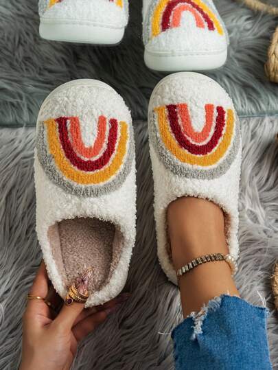 Zapatillas casuales de mujer con estampado de arcoíris de dibujos animados, cálidas para uso en el hogar, para otoño/invierno, zapatos de piel