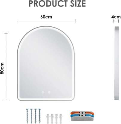 80x60cm Illuminated Bathroom Mirror, Curved, Touch Switch, Upgraded COB Verlichting Strip, Wand Anti Fog, view 2