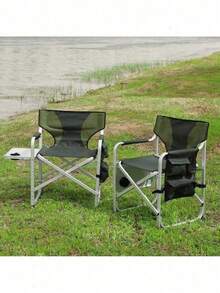 1-Piece Padded Folding Outdoor Chair With Side Table And Storage Pockets,Lightweight Oversized Directors Chair For Indoor, Outdoor Camping, Picnics And Fishing,Black/Grey - 綠色+鋁-4 - 查看 1