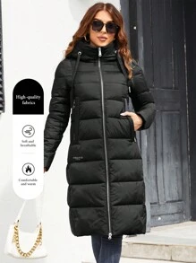 MIEGOFCE Zip Pocket Drawstring Hooded Padded Coat - Black - View 1