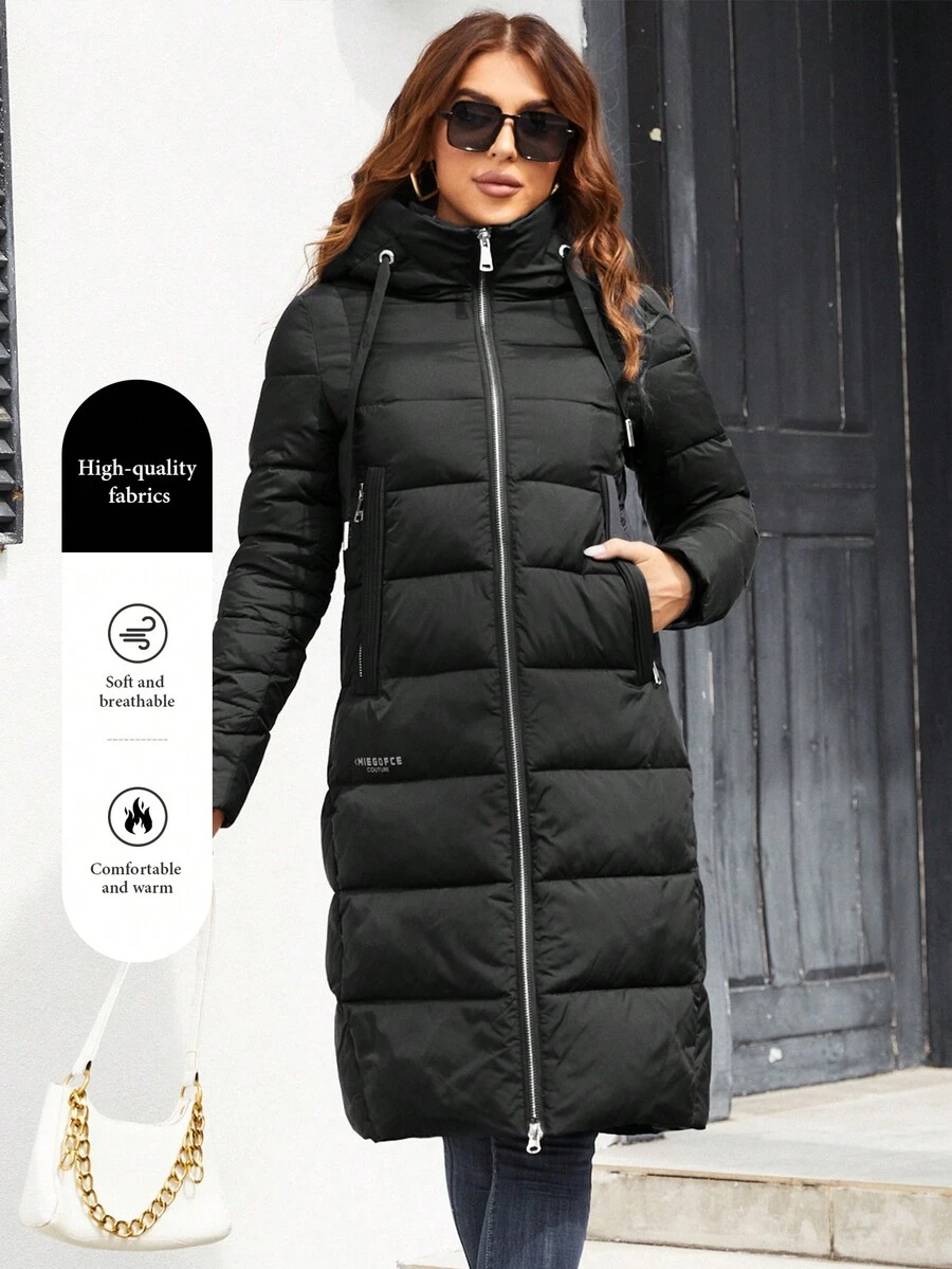 MIEGOFCE Zip Pocket Drawstring Hooded Padded Coat - Black - View 1