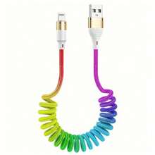 60W 快速充电器线 弹簧 USB 充电线 长度可调 尼龙编织充电线 兼容 / Iphone15/ Iphone16 系列 车载手机快速充电（最大扩展尺寸为 1.2m） 兼容 、Android、相机、MP3 通用适配器 Nan - 彩色 - 查看 15